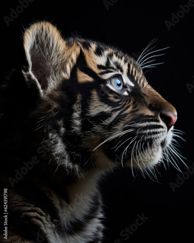 Generated photorealistic image of a blue-eyed black tiger cub 