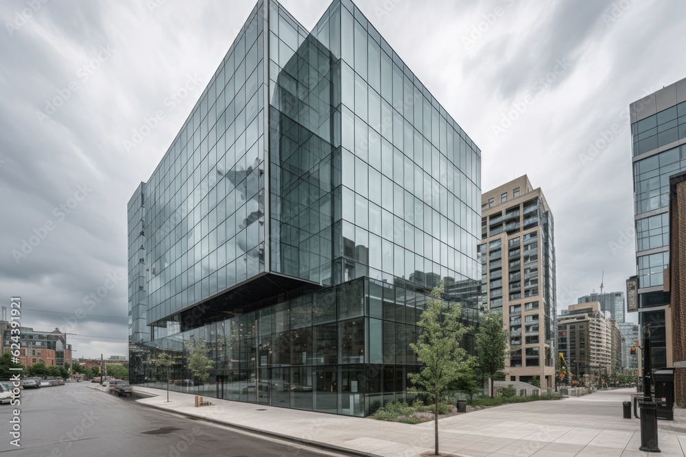 modern building with glass exterior, showcasing its interior design and technology, created with generative ai modern building with glass exterior, showcasing its interior design and technology, created with generative ai