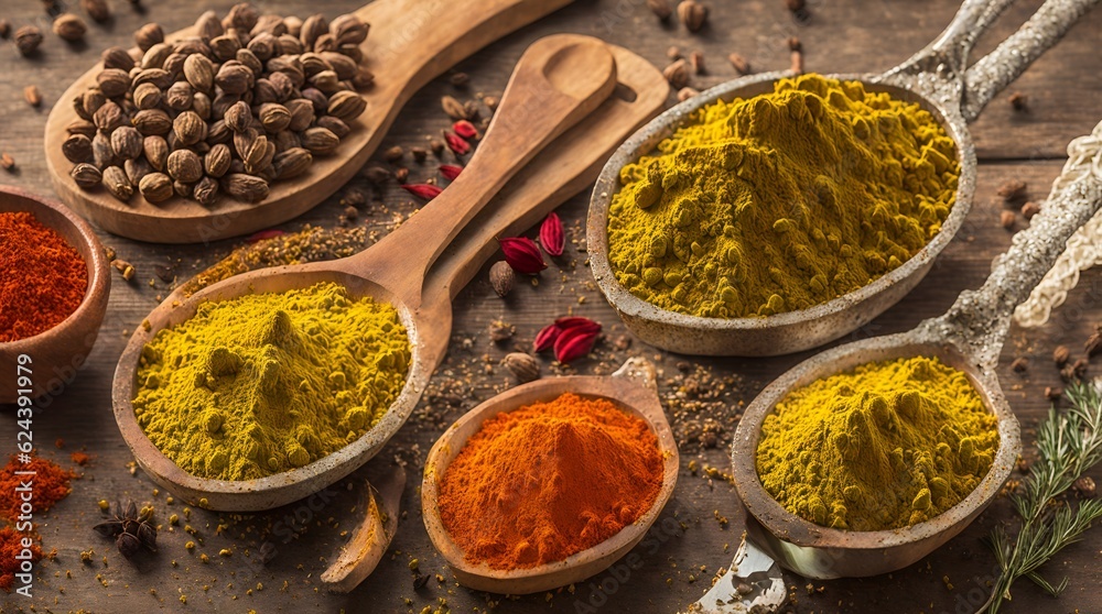 Step into a spice haven with a mesmerizing photograph featuring an assortment of different seasonings in cups.