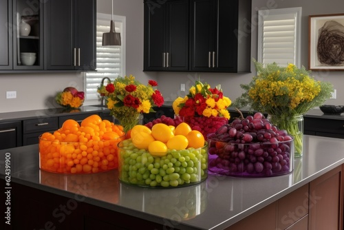 colorful fruit and vegetable arrangements for a modern kitchen or dining room  created with generative ai