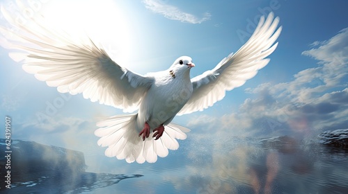 White Flying Doves - A Symbol of Peace and Freedom in the Blue Sky. Generative AI