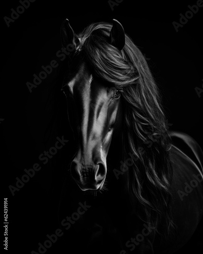 Generated photo-realistic image of a Friesian horse with flowing bangs in black and white