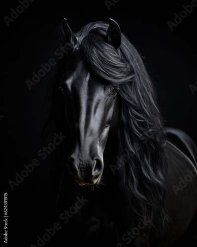 Generated photo-realistic image of a Friesian horse with flowing bangs