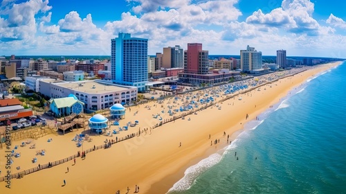 Fotografia Virginia Beach Boardwalk: High Aerial Panoramic View of Atlantic Coastline and Beautiful Architecture and Attractions on Blue Sky Background