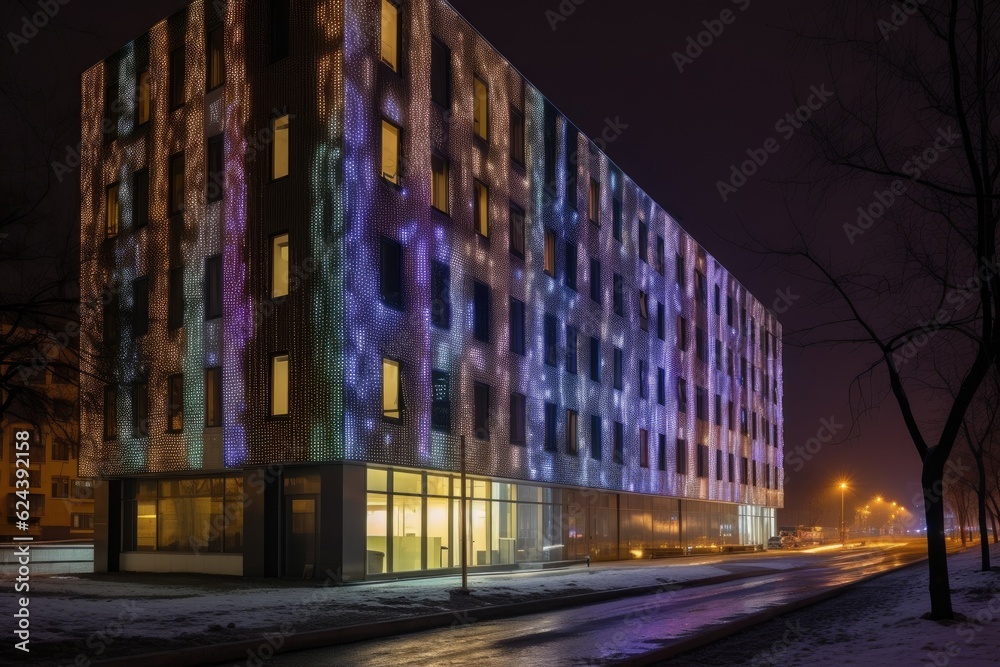 led lights installed on facade of modern building to create unique and eye-catching effect, created with generative ai
