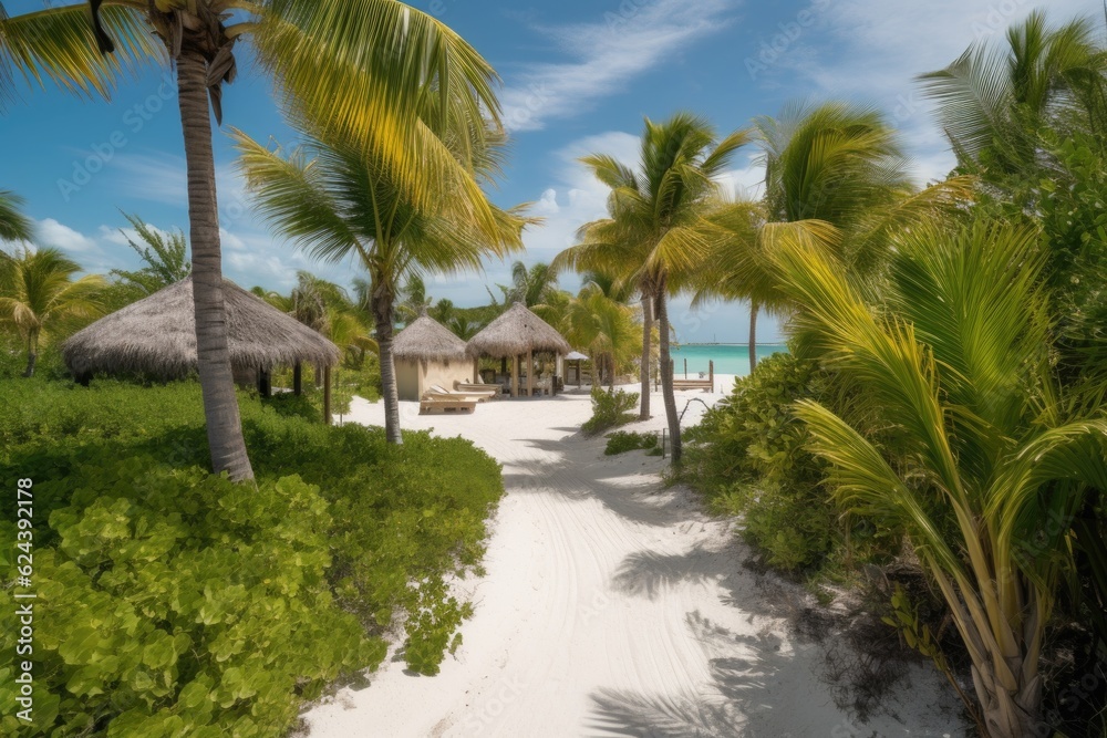 beachfront oasis surrounded by crystal-clear waters and white sands, created with generative ai