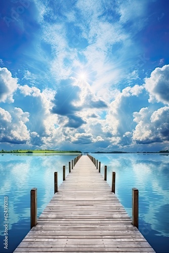 Symmetrical Wooden Pier on Beautiful Blue Lake with Bright Cloudscape in Colourful Background  Generative AI