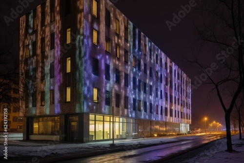 led lights installed on facade of modern building to create unique and eye-catching effect, created with generative ai