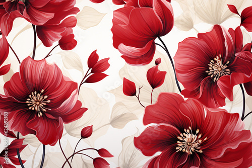 Romantic Watercolor Botanical Background Feminine Red Flowers Seamless Pattern, Ai Generative