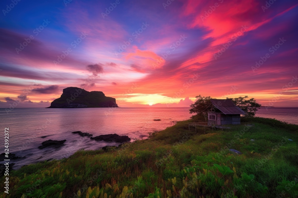 remote island offering peaceful sunrise with sky filled with vibrant colors, created with generative ai
