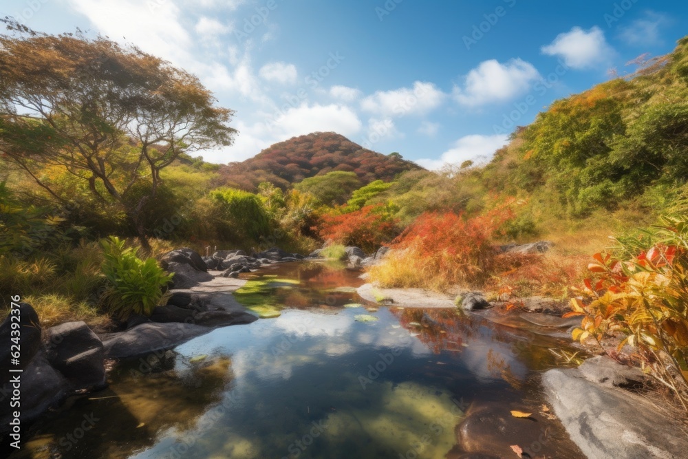 remote island with natural hot springs, surrounded by colorful foliage, created with generative ai remote island with natural hot springs, surrounded by colorful foliage, created with generative ai
