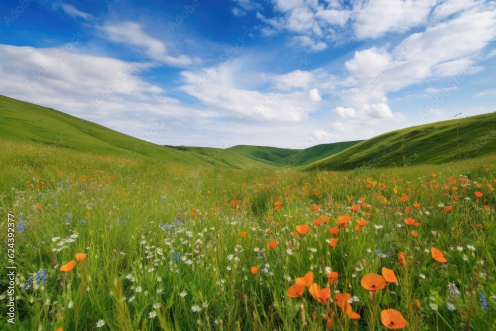 rolling hills covered in blooming wildflowers with a blue sky in the background, created with generative ai rolling hills covered in blooming wildflowers with a blue sky in the background, created with generative ai
