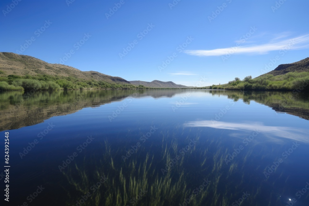 a lake with clear and calm waters, reflecting the blue sky, created with generative ai