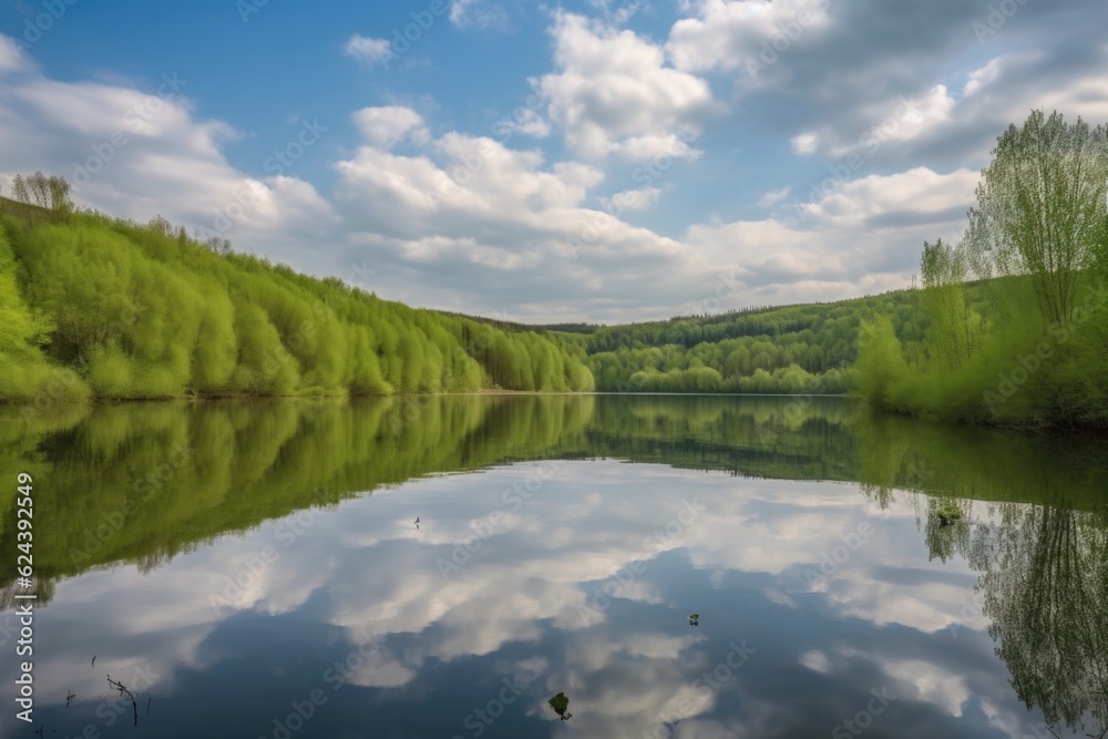 peaceful lake surrounded by tall trees and rolling hills, with reflections of the sky and clouds, created with generative ai