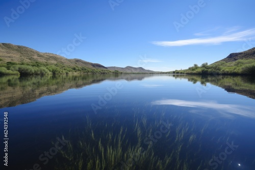 a lake with clear and calm waters, reflecting the blue sky, created with generative ai