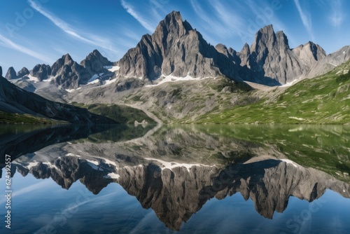 reflection of towering mountain peaks in serene lake, created with generative ai