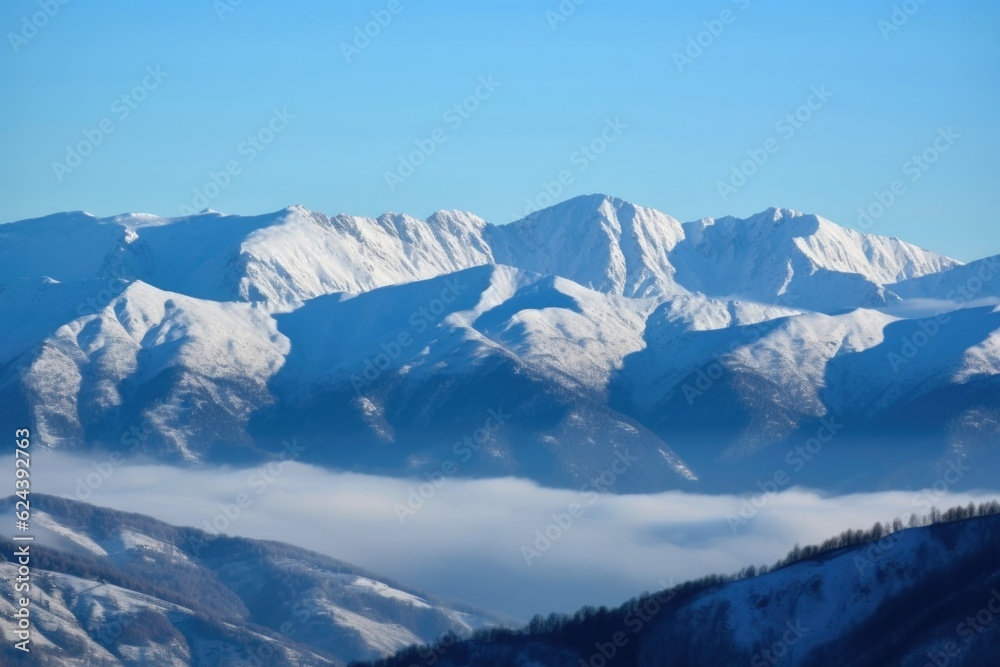 majestic mountain range, covered in snow and mist, surrounded by clear blue skies, created with generative ai