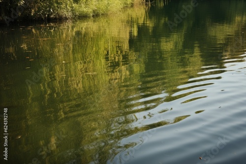 close-up of peaceful lake, with reflections shimmering on the surface, created with generative ai