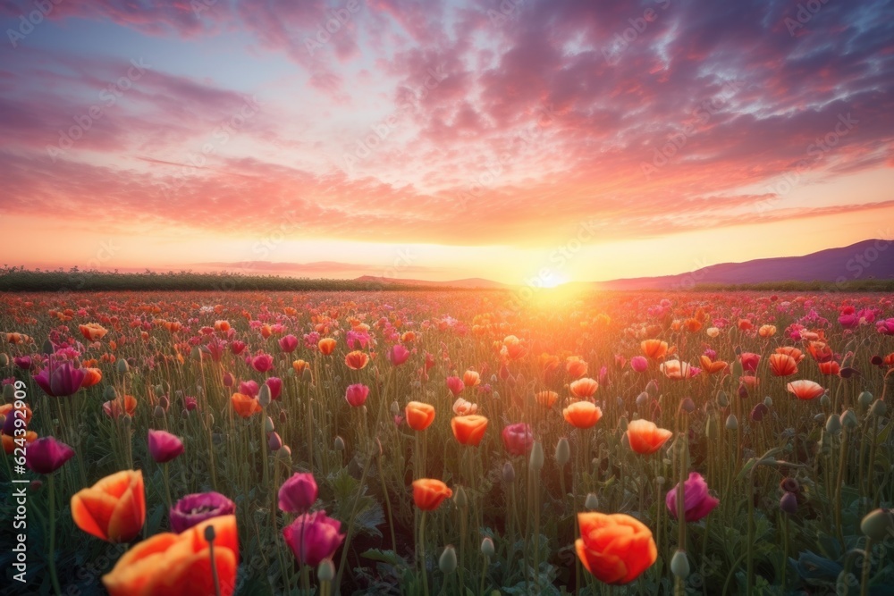 tulip field sunrise, with warm and pastel hues illuminating the sky, created with generative ai