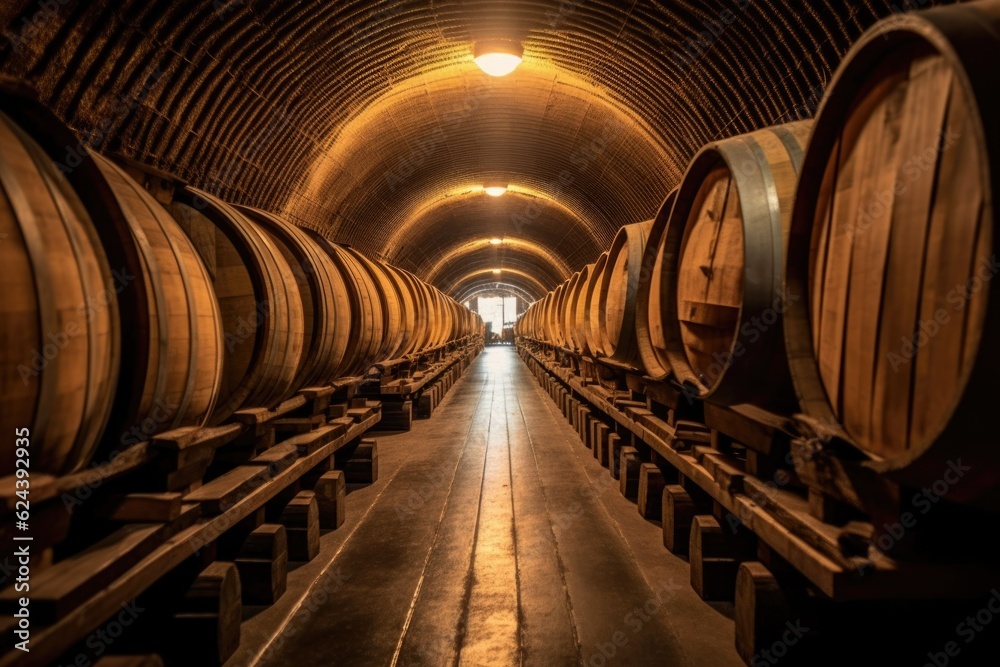 perspective shot of barrels lined up in a cellar, created with generative ai