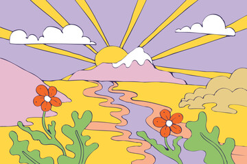 Papier peint photo Pourpre Hippie landscape. 70s vintage style illustration for postcards, prints or backgrounds. Psychedelic style  © Ihor
