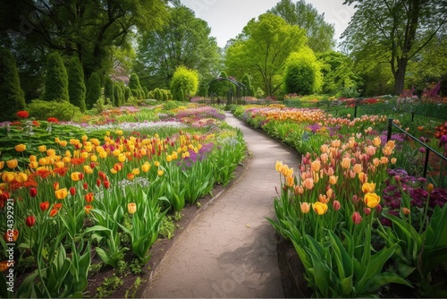 majestic tulip garden, with vibrant colors and unique variety of flowers, created with generative ai