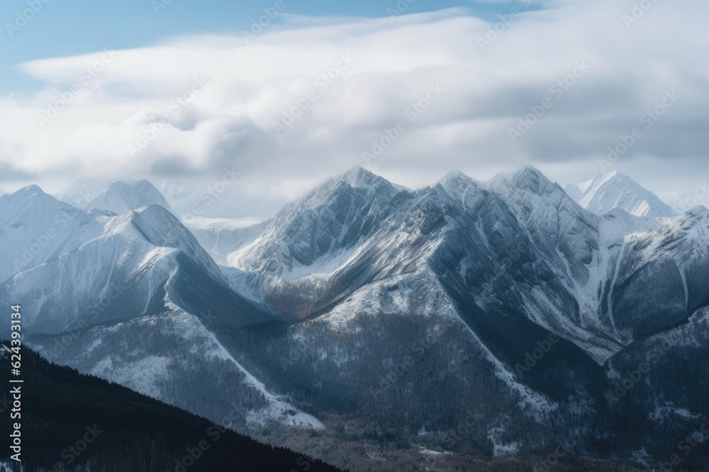 snow-capped mountain range, with clouds gathering in the distance, created with generative ai