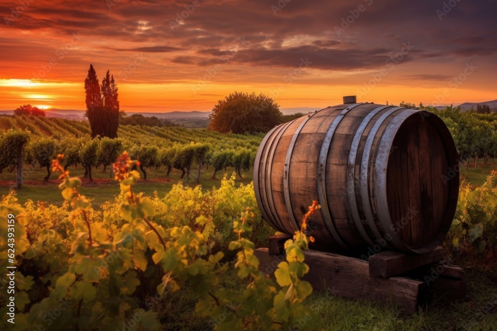 aged wooden barrel in a vineyard at sunset, created with generative ai aged wooden barrel in a vineyard at sunset, created with generative ai