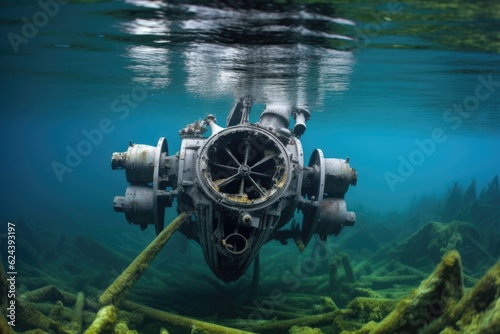 airplane engine parts submerged in water, created with generative ai