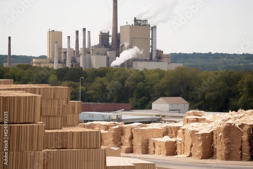 pulp and paper mill, with towering stacks of raw materials in the background, created with generative ai
