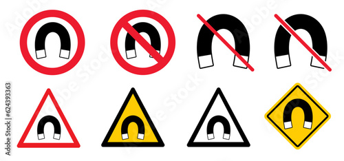 Stop  no magnetic field allowed sig. lines around a bar magnet. Danger magnet is on. Beware of strong electromagnetic field and magnetic force. Positive  negative. Prohibited  forbidden icon
