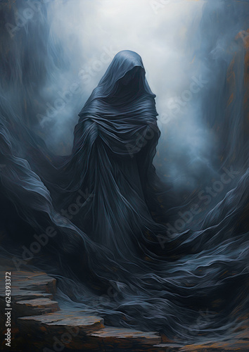 Eternal Passage of The Veiled Embrace Symbolic Reflections of Death in a Minimalistic Painting
