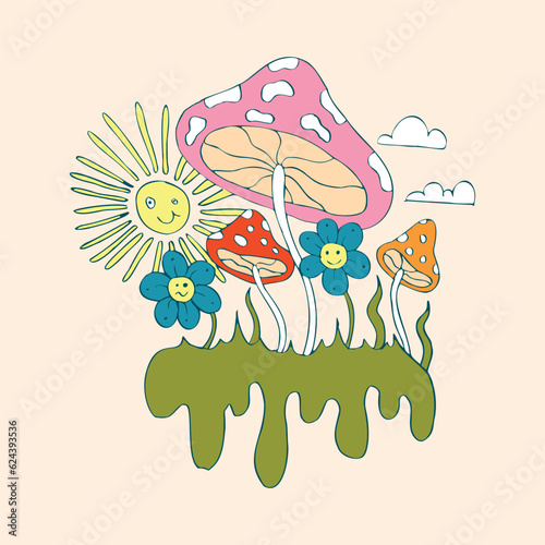 Psychedelic illustration. Hippie print with flowers, sun and fly agaric. For postcards or print on clothing