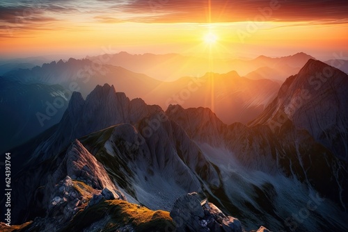 stunning mountain range  with the sun setting beyond the peaks  viewed from above and below  created with generative ai