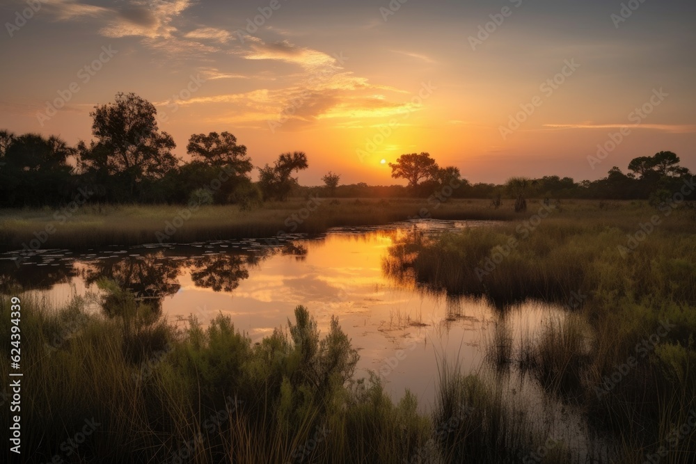 wetlands and marshes, with view of sunset or sunrise, providing a peaceful and serene setting, created with generative ai