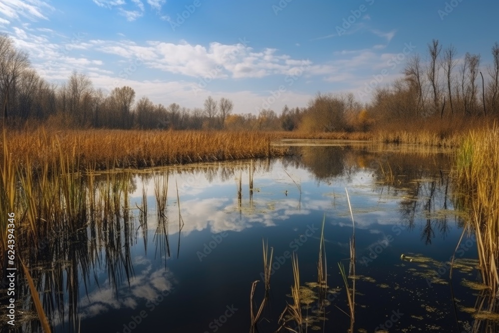 wetland with tall reeds and reflections of the sky in the water, created with generative ai