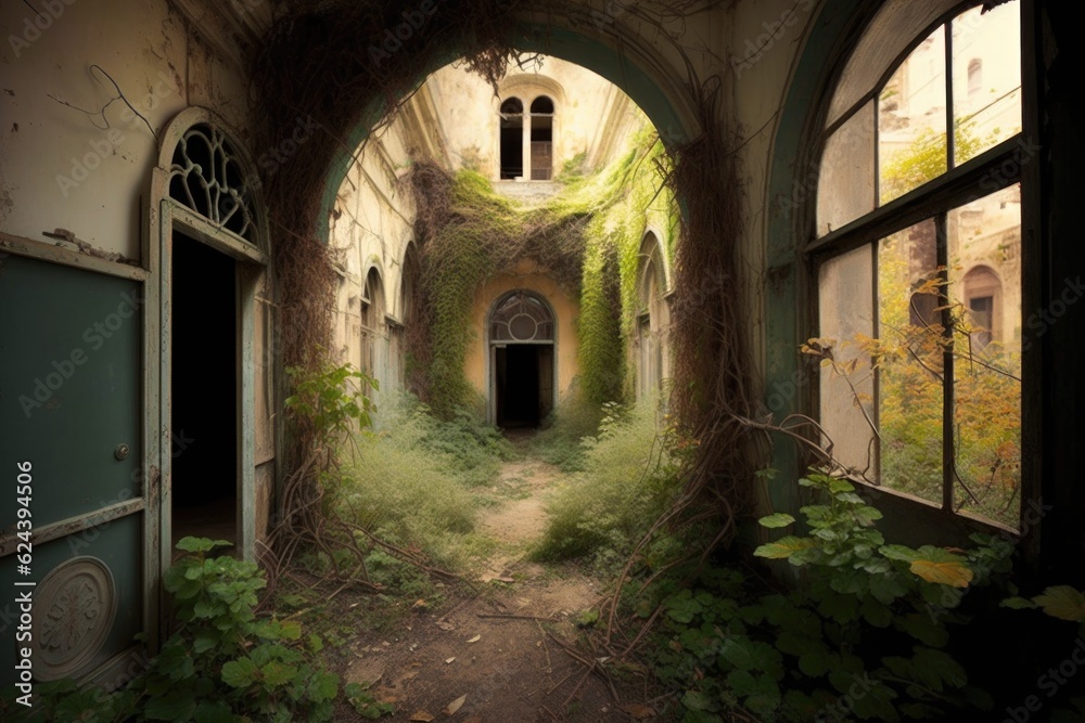 Fototapeta premium old asylum, with broken windows and peeling paint, surrounded by overgrown gardens, created with generative ai