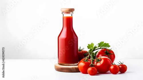 Glass bottle of tasty ketchup and fresh tomatoes isolated on white