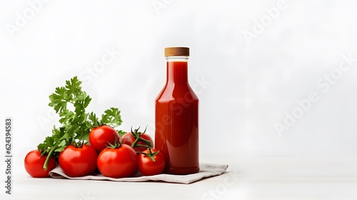 Glass bottle of tasty ketchup and fresh tomatoes isolated on white