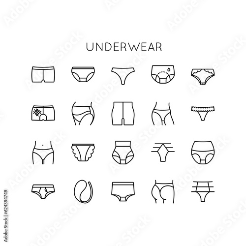 Underwear set icons. Provided thong panties, lace, braces, hipsters, daring, shorts, corrective, classic, invisible.
