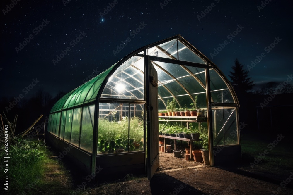 greenhouse, with view of the night sky, and stars shining in the background, created with generative ai