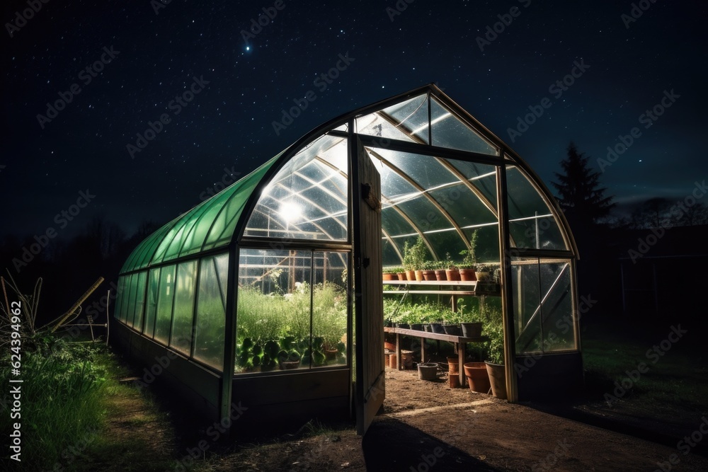 greenhouse, with view of the night sky, and stars shining in the background, created with generative ai greenhouse, with view of the night sky, and stars shining in the background, created with generative ai