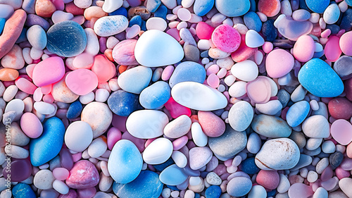 Petits cailloux de couleurs pastels, rose, bleu, blanc, vues de dessus - Générative IA photo