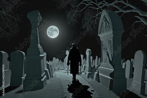 ghostly figure, walking among the headstones of a graveyard, with moonlight shining down, created with generative ai
