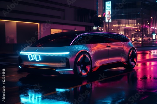 A futuristic car navigating through a neon-lit cityscape - Generative AI