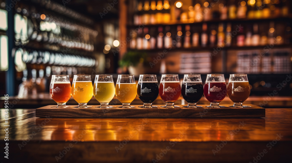 Glasses with different sorts of craft beer on wooden bar. Tap beer in pint glasses arranged in a row.
