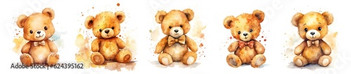 Generative AI, Set of 5 super cute brown teddy bear watercolor isolated on white background © Rymma