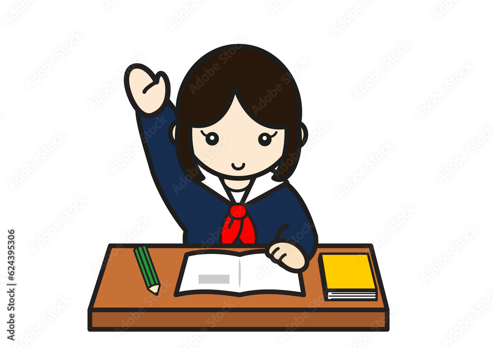 手を挙げる女子学生 手を挙げる女子学生