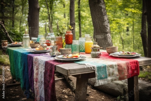 rustic picnic table with colorful linens, glassware, and plates, created with generative ai © altitudevisual