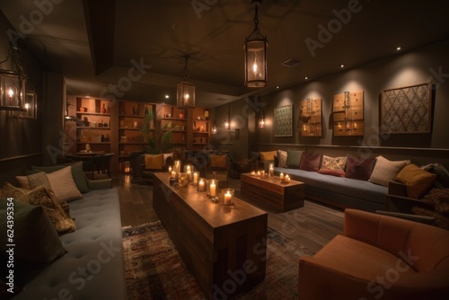 a warm and welcoming atmosphere with earthy tones  plush seating  and candles  created with generative ai